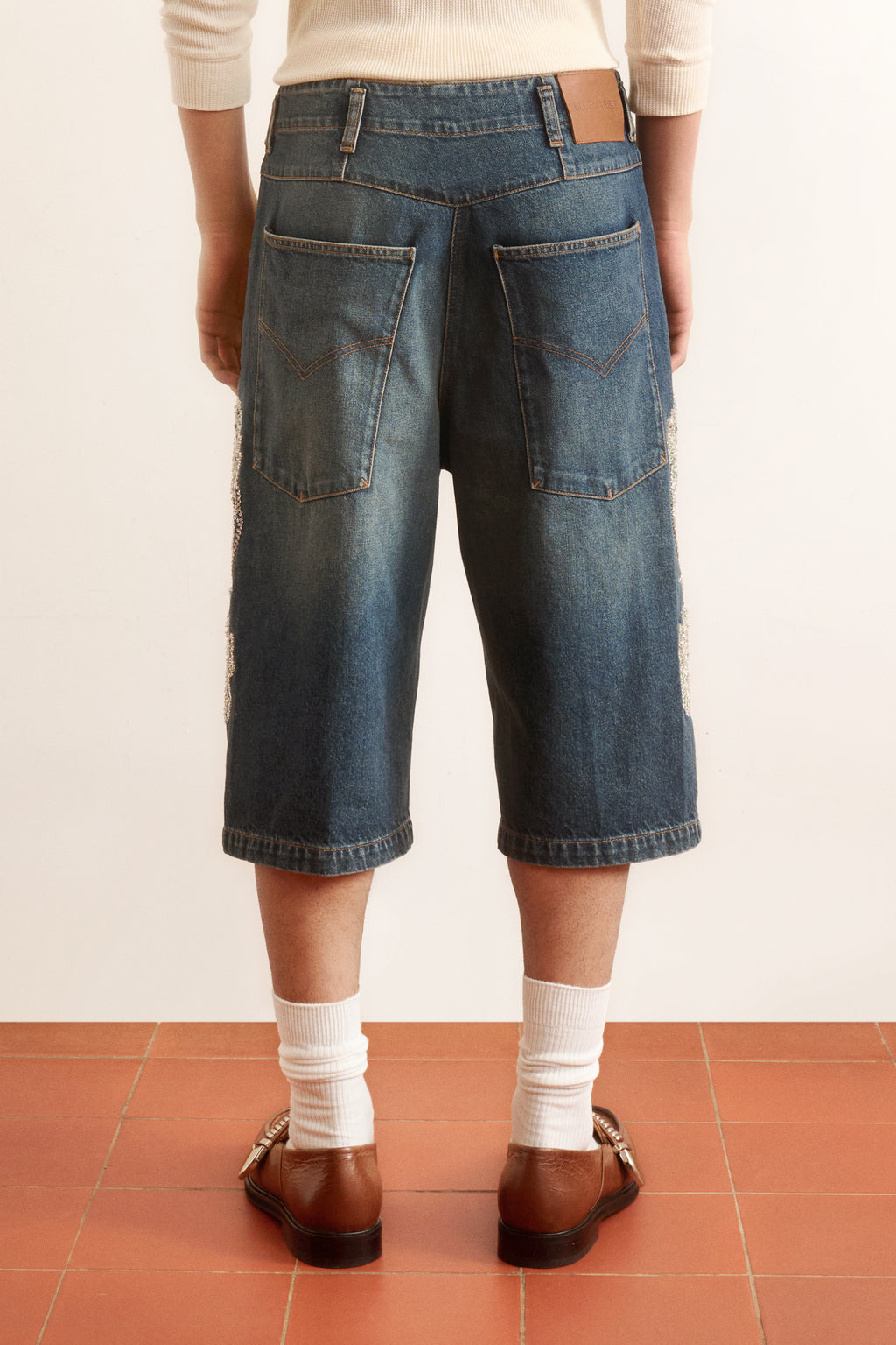 Men's blue denim shorts with crystal embroidery