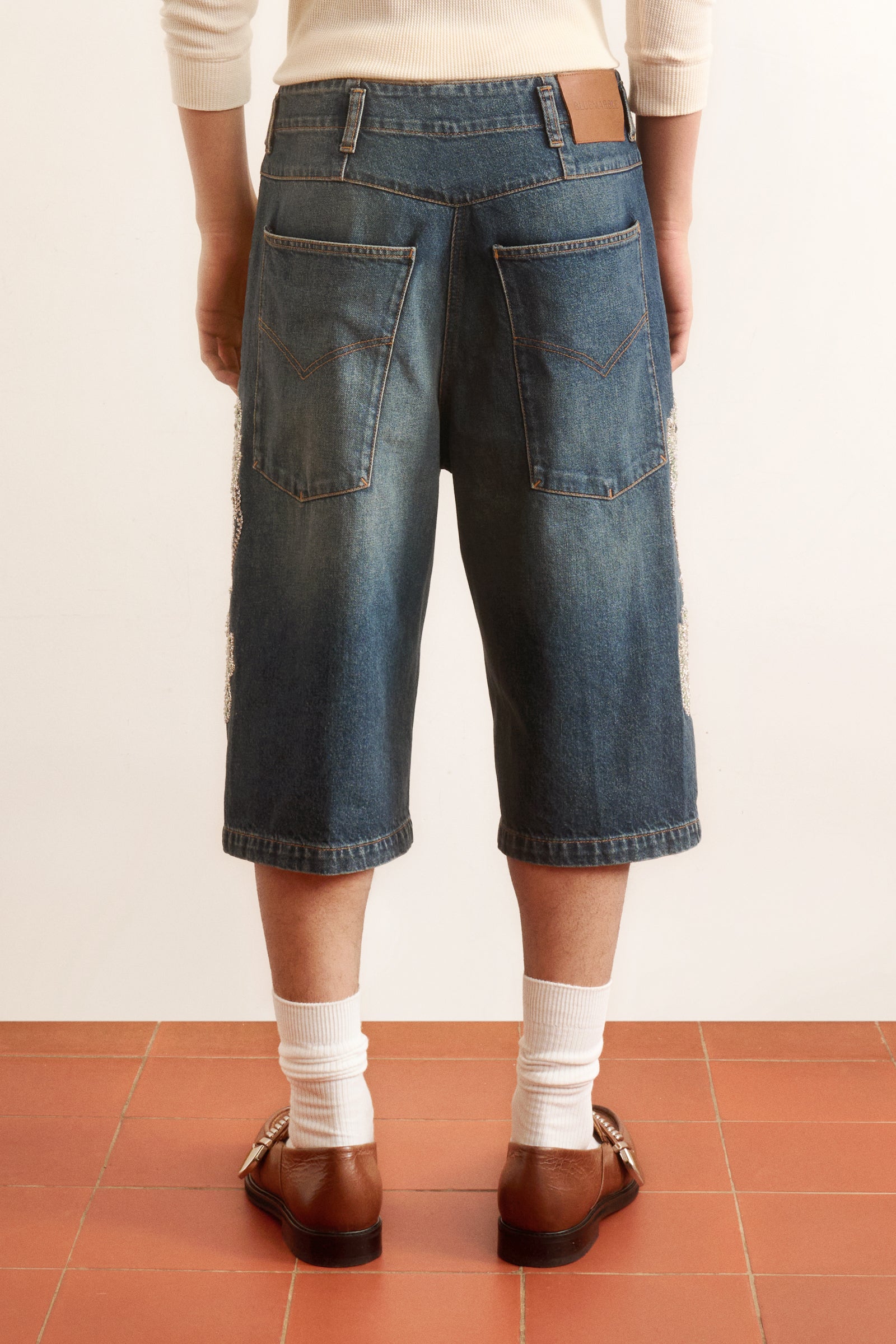 Men's blue denim shorts with crystal embroidery