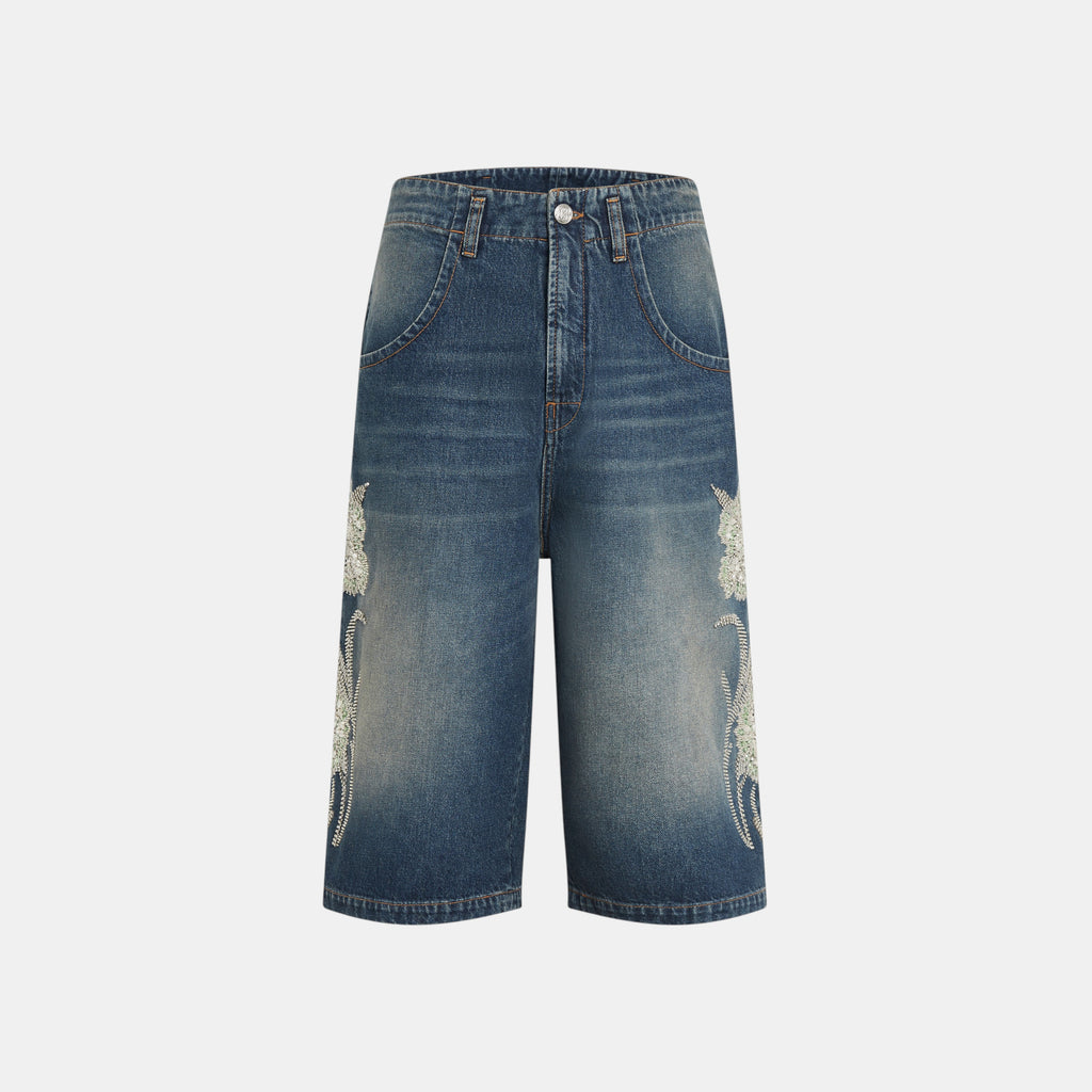 Men's blue denim shorts with crystal embroidery