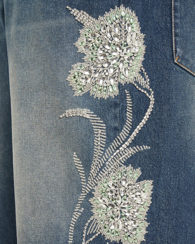 Men's blue denim shorts with crystal embroidery