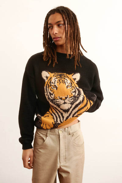 Men's black knitted sweater animal tiger design 