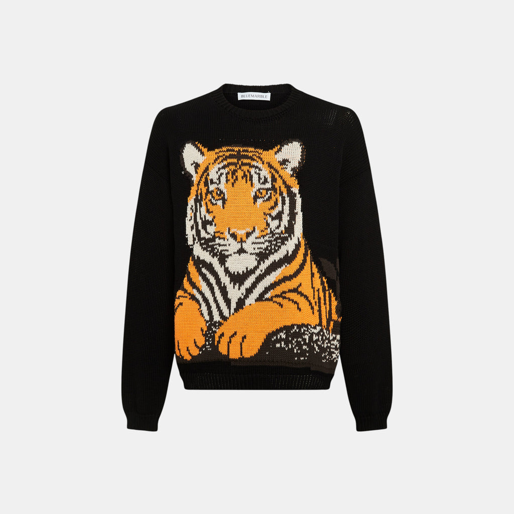 Men's black knitted sweater animal tiger design 