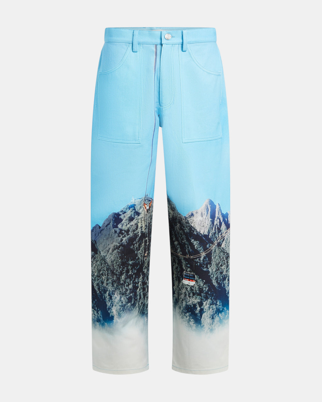 Men’s blue printed denim jeans with mountain and nature graphic, straight-leg fit