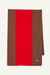 Bluemarble folded knit scarf with a bold color-blocked design featuring a wide central red stripe flanked by two brown stripes of equal width, shown on a light off-white background.